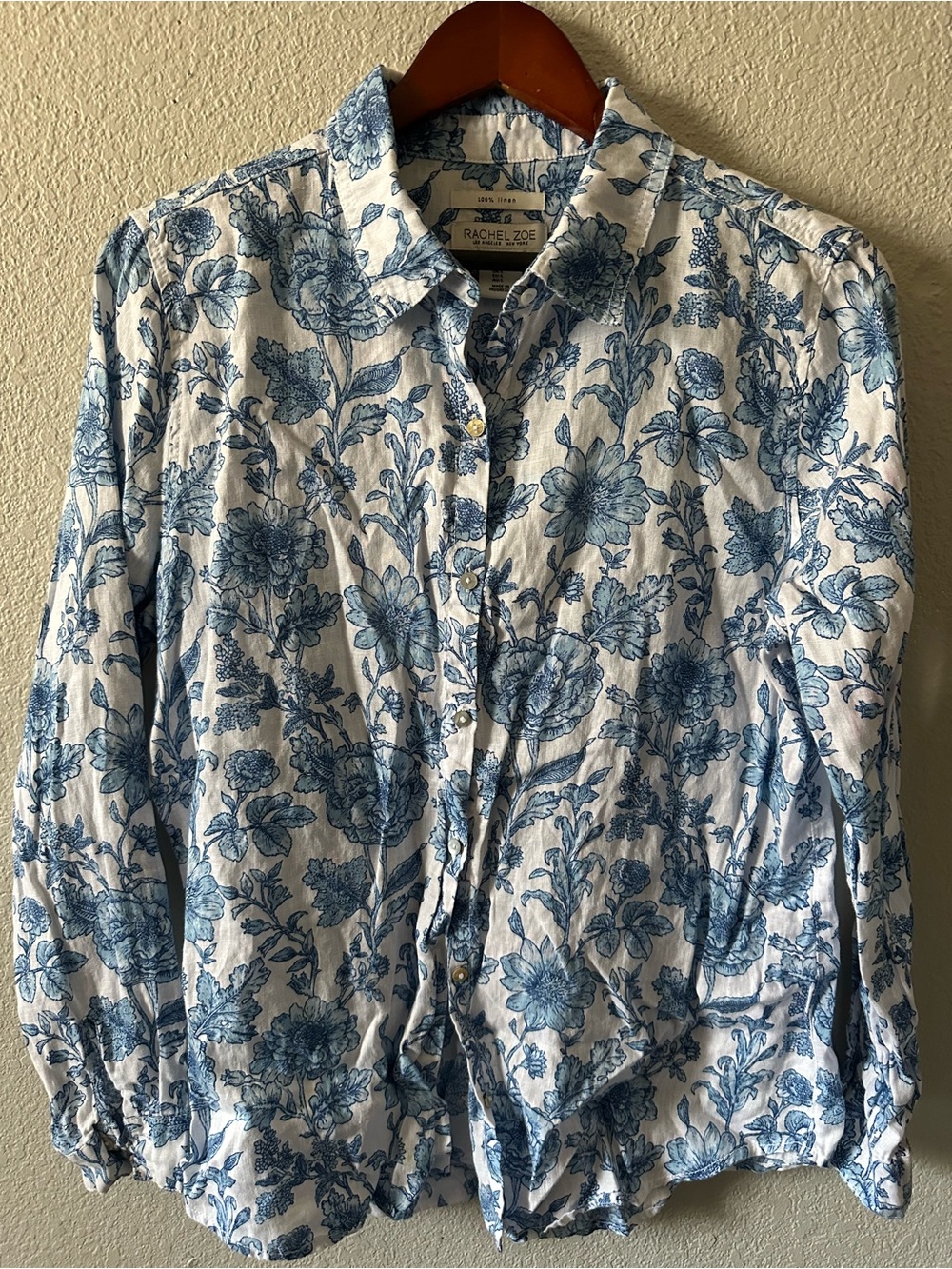 Rachel Zoe White and Blue Floral Cotton Button-Down Shirt